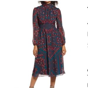NWT Julia Jordan Printed Mock Neck Long Sleeve Midi Dress, blue, size 4